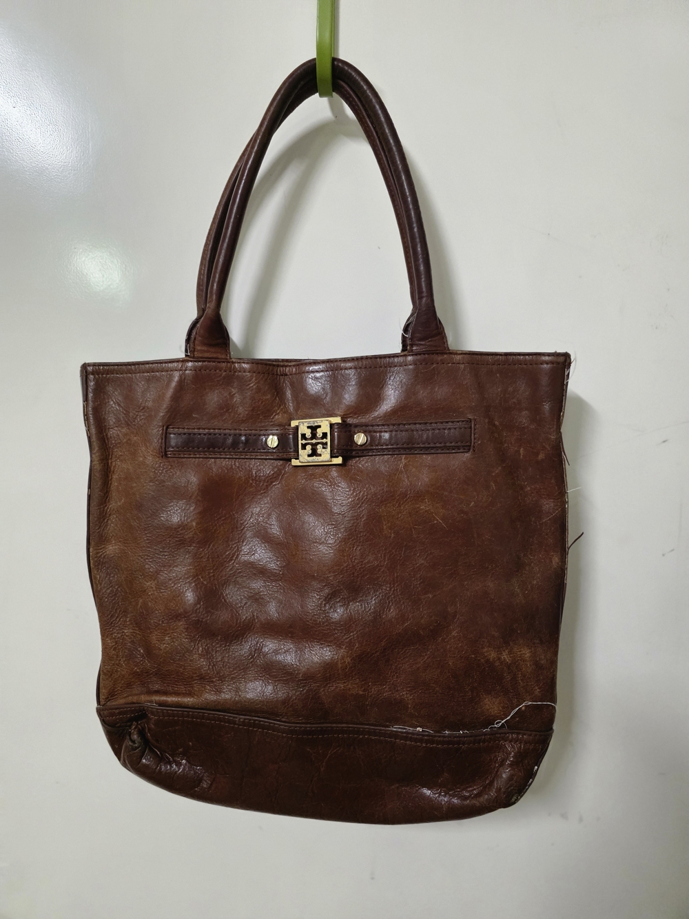 Tory Burch Brown Leather Tote with Gold Logo Accent
